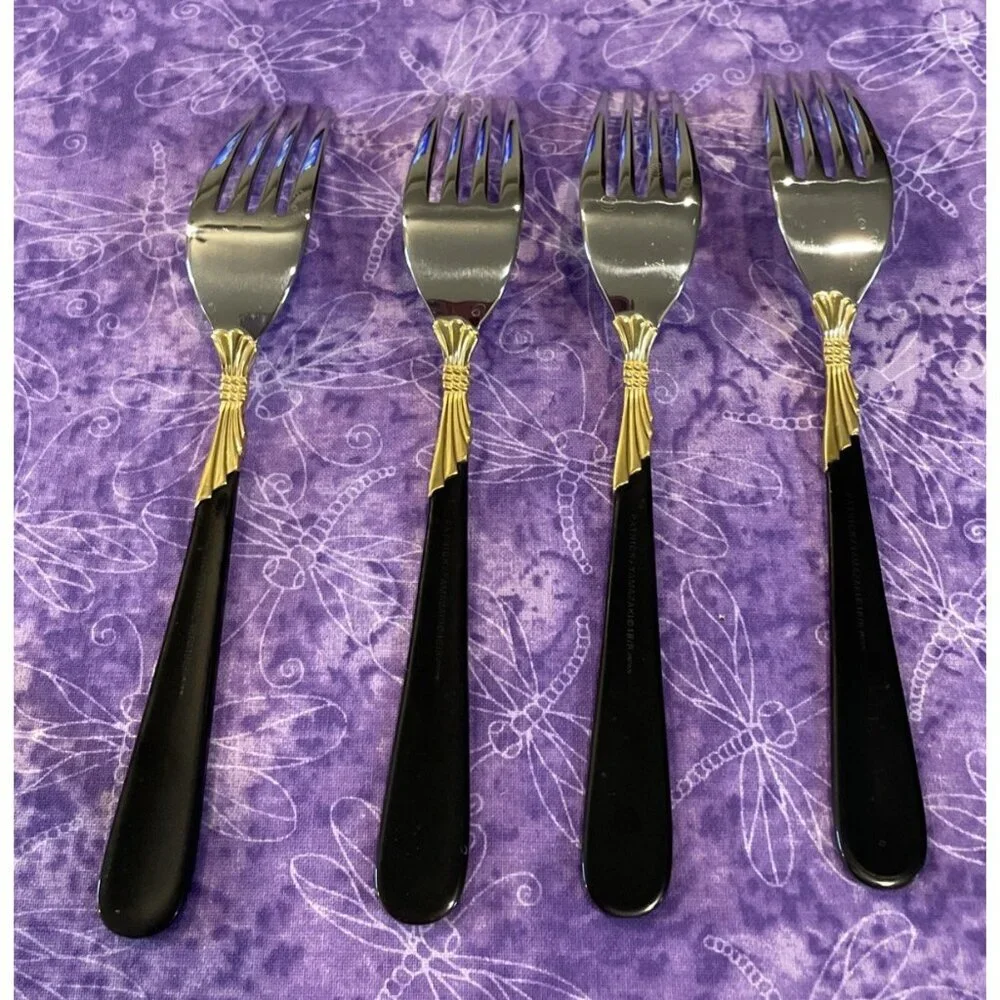 Yamazaki Lindi Salad Forks 18/8 Stainless Black Handle Gold Accent Set Of‎ 4 VTG